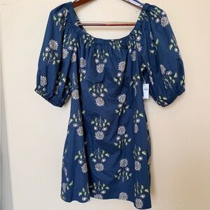NWT Women's medium Navy Floral Puff-Sleeve mini Dress casual cottage core